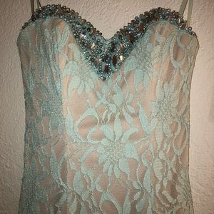 baby blue & tan mermaid style strapless prom dress